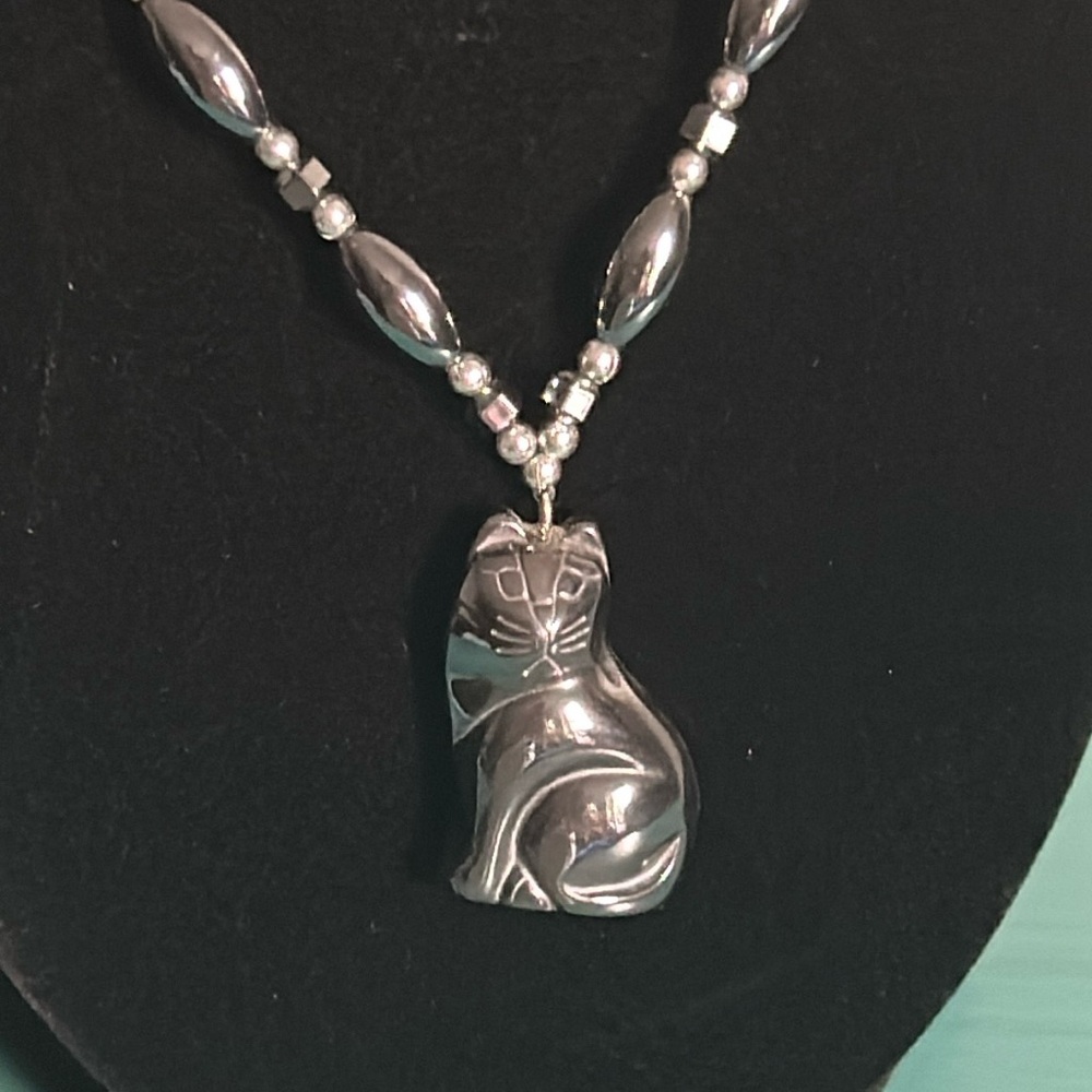 New Hand Crafted Carved Cat Hematite Centerpiece and Hematite Bead Necklace